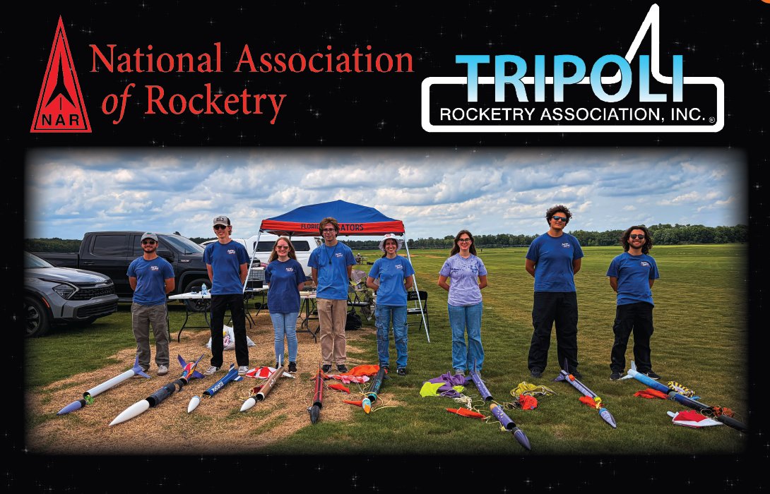 The National Association of Rocketry and Tripoli Rocketry Association logos above the team standing with their certification rockets
