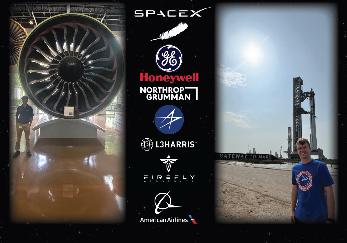 A jet engine, a Starship launch tower, and the logos of SpaceX, GE, Honeywell, Northrop Grumman, Lockheed Martin, L3Harris, Firefly and Boeing